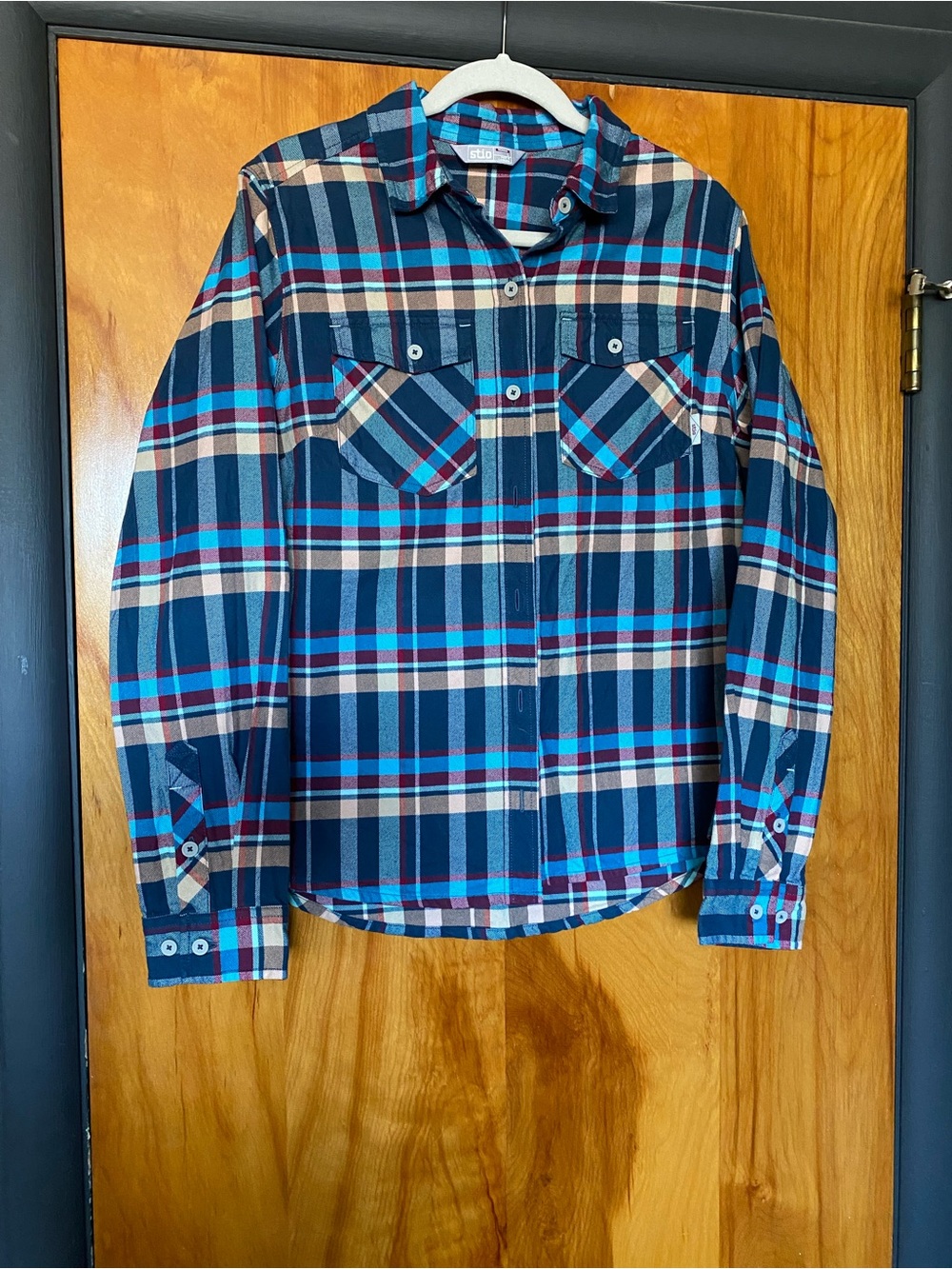 Stio Navy Plaid Button-Down Shirt with Teal and Tan Accents
